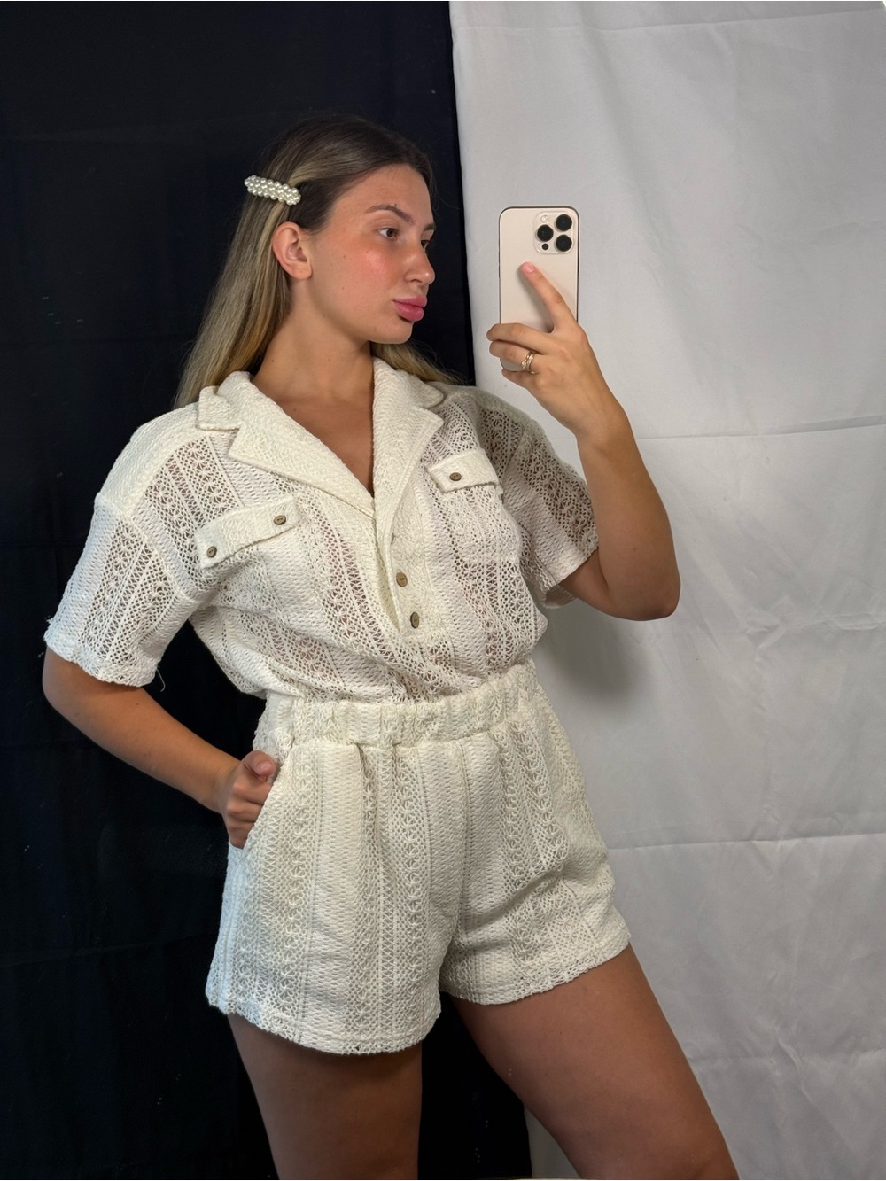 Cream Knit Short Sleeve Romper with Button Front